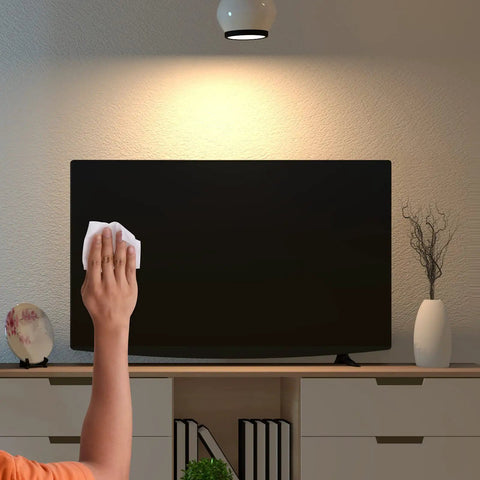 Person using Giant 7 By 8 Inch Screen Wipes Pre Moistened For Safe Cleaning Of TV Computer Laptop Phone And Tablet Screens 40 Count