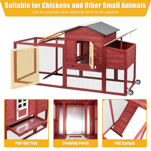 Wooden Chicken Coop With Nesting Box And Waterproof Roof, equipped with pull-out tray, sleeping perch, and PVC curtain.