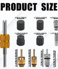 Seventeen Piece Air Conditioning Valve Core Kit For R12 And R134a HVAC Systems With Valve Core Removal Tool size chart and parts.