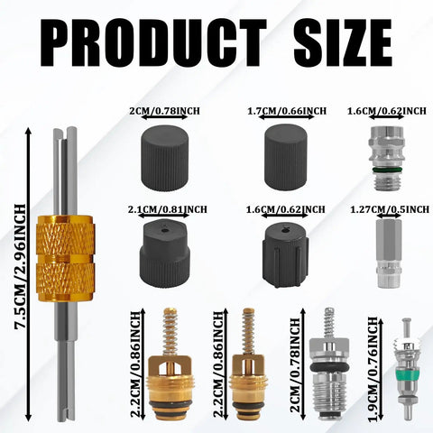 Seventeen Piece Air Conditioning Valve Core Kit For R12 And R134a HVAC Systems With Valve Core Removal Tool size chart and parts.