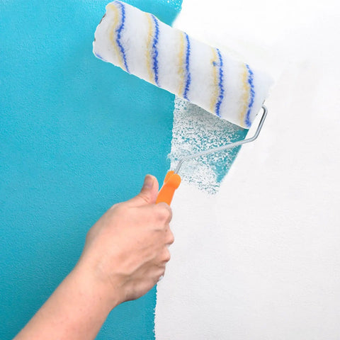 Set Of 3 Pro Grade Paint Rollers For Walls And House Painting with smooth even coverage on a turquoise wall.