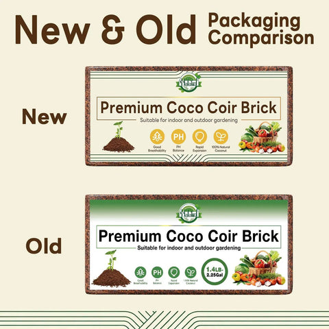 10 Pack Coco Coir Bricks Organic Coconut Coir Growing Substrate for Plants Seed Starting Potting Mix and Reptile Habitat Expands Up to 72 Quarts Clean Dirt Free Eco Friendly Reusable Planting Medium new and old packaging comparison