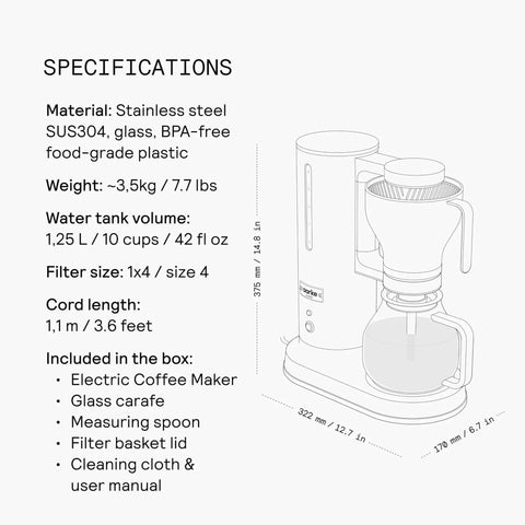 Specifications sheet for Fast Brew Electric Drip Coffee Maker With Automatic Drip Stop Glass Carafe And Stainless Steel Build Delivers Full Pot In Under Six Minutes For Superior Home Barista Level Flavor And SCA Certified Consistency, showing dimensions and included items.