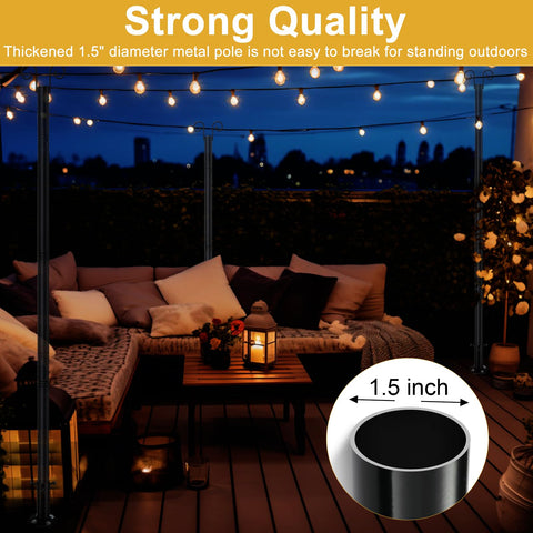 Two Pack 8 Foot Heavy Duty Metal String Light Poles for outdoor deck with lights, 1.5 inch dia metal pole detail