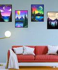 Living room with vibrant 12x16 inch diamond paintings from 12 Pack Diamond Painting Kits for Adults 5D Diamond Art Paint By Number.