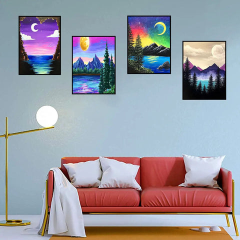 Living room with vibrant 12x16 inch diamond paintings from 12 Pack Diamond Painting Kits for Adults 5D Diamond Art Paint By Number.