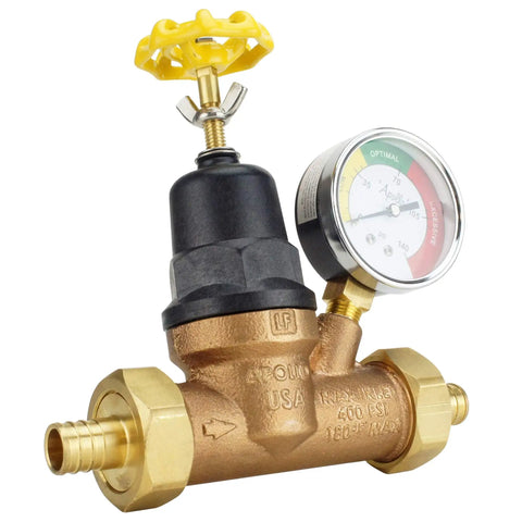 3/4 Inch Bronze PEX Water Pressure Regulator With Gauge Double Union Lead Free With Built In Bypass Gauge For Quick Reads