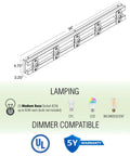 36-Inch Five-Light Modern Farmhouse Vanity Light With Smoked Birch Wood Grain Metal And Black Finish, Open Rectangular Frame, Rustic Bathroom Bar Fixture For Powder Rooms And Hallways, showing dimensions and bulb compatibility