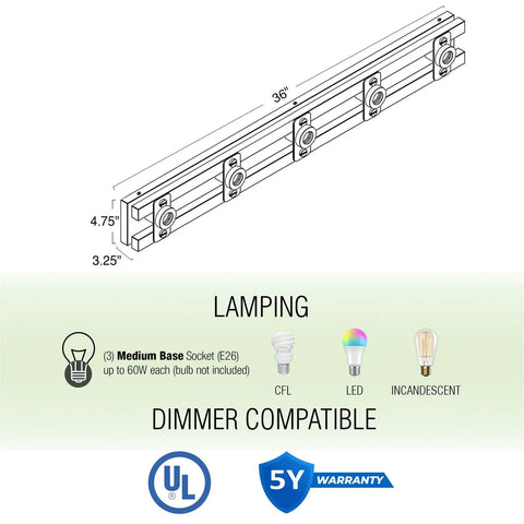 36-Inch Five-Light Modern Farmhouse Vanity Light With Smoked Birch Wood Grain Metal And Black Finish, Open Rectangular Frame, Rustic Bathroom Bar Fixture For Powder Rooms And Hallways, showing dimensions and bulb compatibility