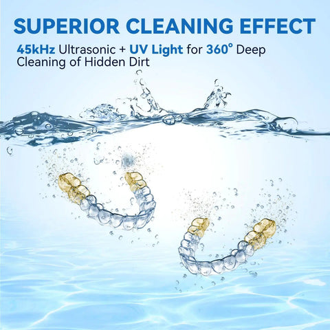 Image of Ultrasonic Retainer Cleaner Machine 45kHz For Retainers, Dentures, Mouth Guards, Aligners, Braces in action underwater