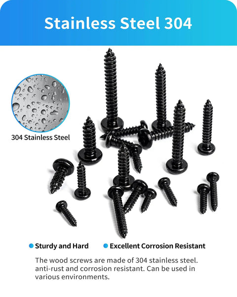Top Tier 550 Piece Tough As Nails Black 304 Stainless Steel Wood Screw Assortment Kit with assorted sizes of screws.