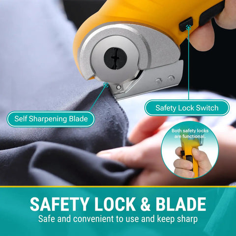 Beefy Cordless Electric Scissors With Safety Lock cutting fabric, showcasing self-sharpening blade and safety lock switch in use.