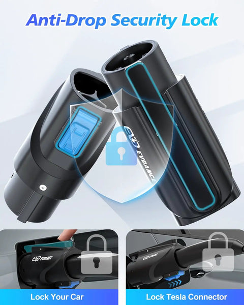 Portable Nacs To J1772 Charging Adapter With 80 Amp 250 Volt Rating Plugs Straight Into Tesla Walls And Public Spots features an anti-drop security lock.