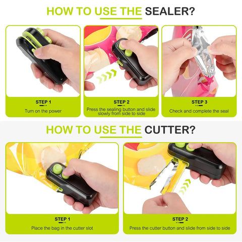 Step-by-step guide using 2 In 1 Mini Bag Sealer With Cutter And Magnet Portable On The Go Heat Seal Tool To Reseal Plastic Bags And Keep Snacks Fresh Compact ABS Sealing Machine