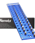 Namoka blue wall-mounted thread gauge board with 31 SAE and metric bolt/nut sizes and metal studs.