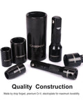Complete 38 Piece Impact Socket Set With Three Eighths And One Half Inch Drive SAE And Metric 6 Point Deep And Shallow Sockets Cr-V Steel With Black Electroplate Finish Built Tough For Real Auto Work, showing various sockets and adapters.