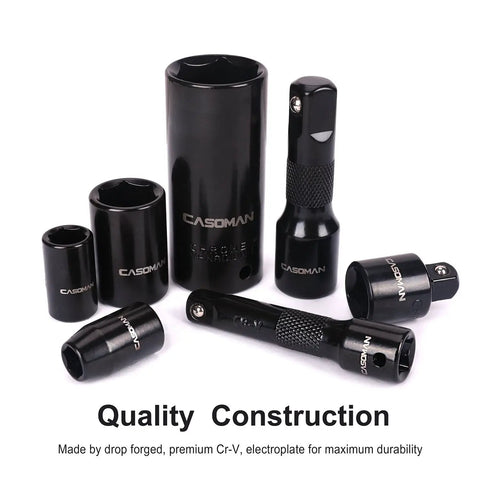 Complete 38 Piece Impact Socket Set With Three Eighths And One Half Inch Drive SAE And Metric 6 Point Deep And Shallow Sockets Cr-V Steel With Black Electroplate Finish Built Tough For Real Auto Work, showing various sockets and adapters.