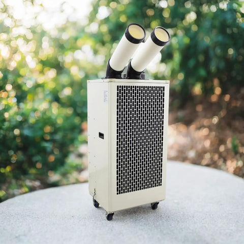 Industrial Grade Portable AC 15,400 BTU Tough As Nails Spot Cooler With Twin Hose in outdoor setting on concrete surface.
