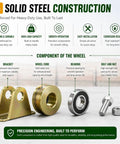Solid steel construction components of 4 Inch U-Groove Pulley Wheels Ultra Heavy-Duty Rigid Casters for Square Tube Tracks.