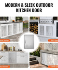 Collage featuring stainless steel outdoor kitchen access door installed in various outdoor settings