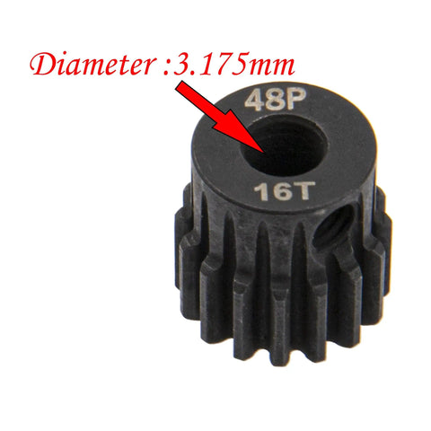 Beefy 48P Pinion Gear Set Five Pack For 1 By 10 RC Cars With 3.175mm Shaft 13T 14T 15T 16T 17T Hardened Steel close-up of 16T gear