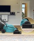 Lawnmower Wheel Boot Steel Bracket To Secure Your Mower On Open Or Enclosed Trailers And In The Garage, Adjustable For 8 To 10 Inch Wheel, Includes Screws And Instructions, Black shown holding mower in garage.