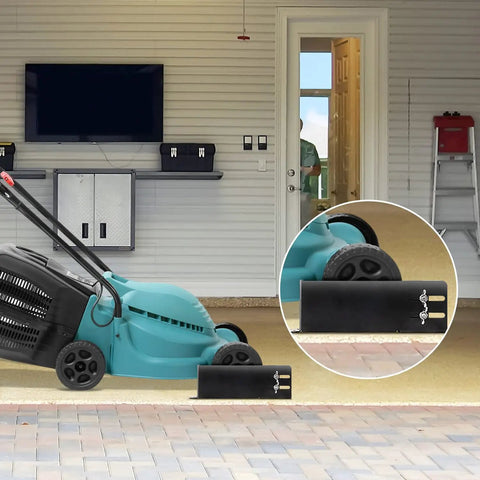 Lawnmower Wheel Boot Steel Bracket To Secure Your Mower On Open Or Enclosed Trailers And In The Garage, Adjustable For 8 To 10 Inch Wheel, Includes Screws And Instructions, Black shown holding mower in garage.