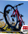 Two bicycles secured on a car roof rack using Fork Mount Bracket For Car Roof Racks With Quick Release Easy Install Built Tough And Secure.