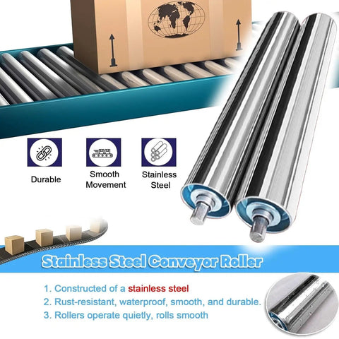 Dope Galvanized Steel Roller Set 10 Pcs Replacement Conveyor Belts For Woodworking Tables Smooth Glide Heavy Duty Support Dia 1.5 Inch Long Length on a conveyor with stainless steel rollers.