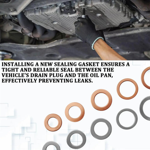 Mechanic using Oil Drain Plug Crush Washer Kit with 100 Pieces Aluminum and Copper Washers under car engine.