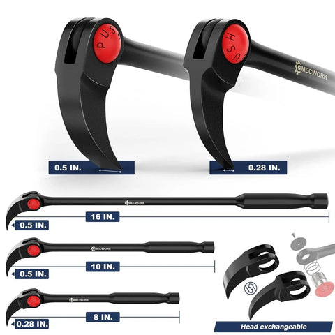 Indexing Pry Bar Set Built Tough For Mechanics With 8 Inch 10 Inch And 16 Inch Bars Plus A Heavy Duty 7 Inch Flat Pry Bar And 3 Replacement Screws High Strength Steel Durable Pro Grade Tools For Demolition And Prying showing details and sizes of bars and interchangeable heads