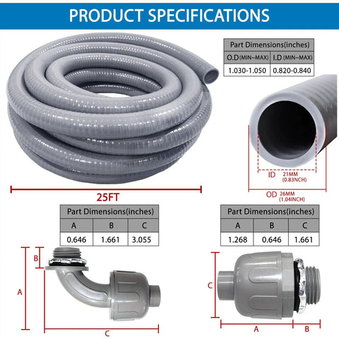 Three Quarters Inch Liquid Tight Electrical Conduit Kit, 25 Ft Flexible Non Metallic And Metallic Conduit, UL Certified with fittings
