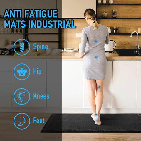 Woman standing on a black 3x5 Ft Anti Fatigue Floor Mat 15/16 Inch Thick Diamond Plate Non Slip Ergonomic Standing Mat for industrial use
