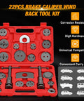 22-piece disc brake caliper piston compression tool set in red carry case