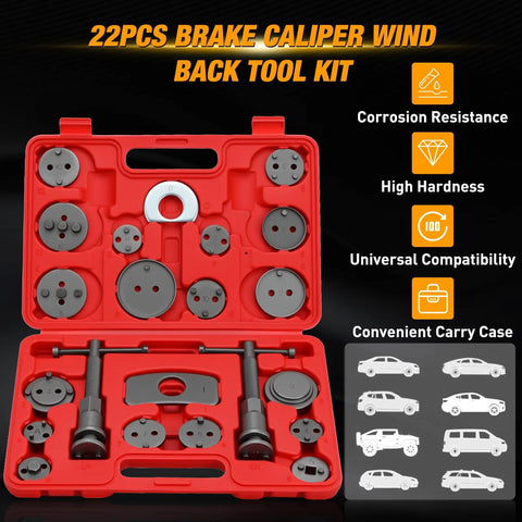 22-piece disc brake caliper piston compression tool set in red carry case