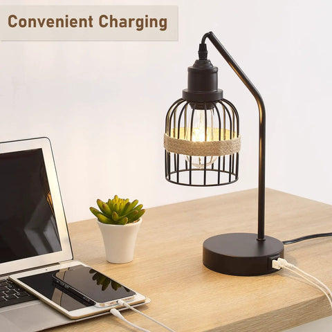 Industrial Table Lamp Set Of 2 With Dual USB Charging Ports, 3-Way Dimmable Touch Control beside laptop on desk