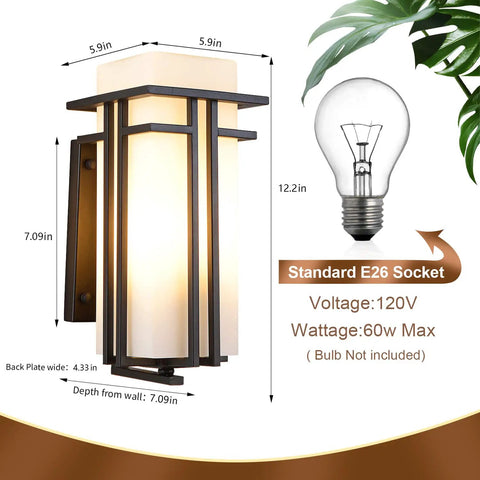 Outdoor Wall Mounted Porch Light Waterproof Exterior Lantern With Frosted Glass And Black Square Metal Frame Weather Resistant For Entryways Yards Garage Front Porch, dimensions highlighted