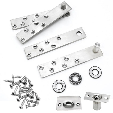 Hidden Door Hinges Set With 360 Degree Pivot For Murphy Bookcase Secret Door Kit Heavy Duty 300 Pound Capacity Rotating Hinge For Hidden Rooms In Bedroom Kitchen Basement, metal components and screws on display.