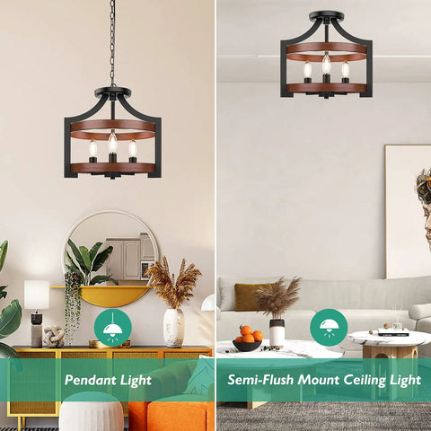 3 Light Farmhouse Chandelier With Adjustable Height Pendant Or Convertible Semi Flush Mount, 14.5 Inch Rustic Ceiling Light Fixture