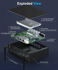 Exploded view of the Slick Industrial Mini PC with details on SSD, RAM slots, and aluminum alloy chassis.