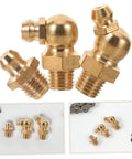 Dope Copper Grease Fitting Kit, 9 Piece Universal Nipple Adapters For Cars And Trailers shown with straight and angled nozzles.