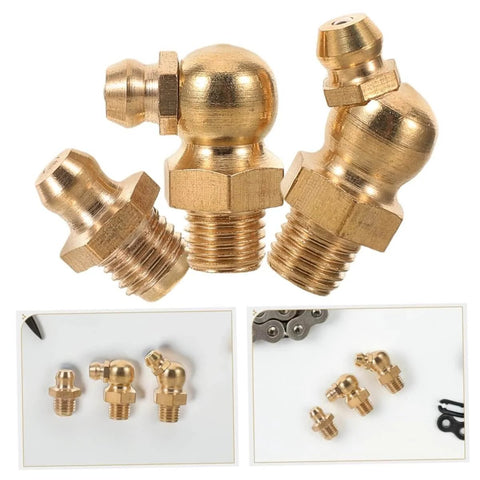 Dope Copper Grease Fitting Kit, 9 Piece Universal Nipple Adapters For Cars And Trailers shown with straight and angled nozzles.