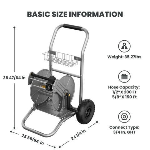 Heavy Duty Garden Hose Reel Cart With Wheels, All Weather Metal Frame, 200 Feet Of One Half Inch Hose Capacity, Leak Proof Brass Connector