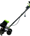Side view of Corded Electric Garden Tiller Cultivator With 12.5 Amp Motor 16 Inch Tilling Width 8 Inch Maximum Depth Six Steel Tines