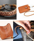 Leather cord knife craft kit with three replaceable blades, leather strip cutter for DIY projects, image collage with leather goods