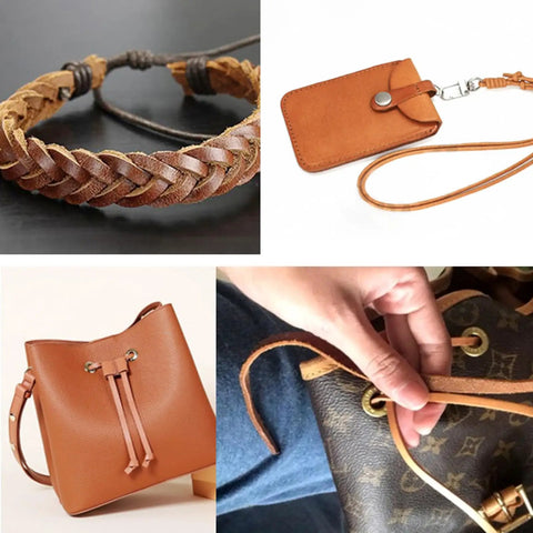 Leather cord knife craft kit with three replaceable blades, leather strip cutter for DIY projects, image collage with leather goods