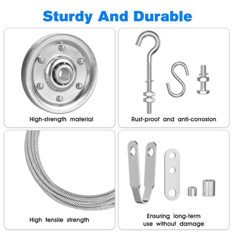 Heavy Duty Garage Door Cable And Spring Conversion Kit With Pulley System showing metal pulley, hooks, cable, and hardware