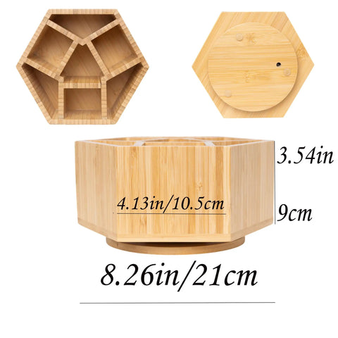 360 Degree Rotating Bamboo Desk Organizer With Hexagonal Compartments, dimensions included.