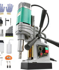 Portable Magnetic Drill Press With 2923 Lbs Electromagnetic Base, Variable Speed Motor For Steel And Metal Fabrication Jobs, 1-9/16 Inch Boring Diameter Core Drill Machine For Heavy Duty Industrial Use with tools and accessories.