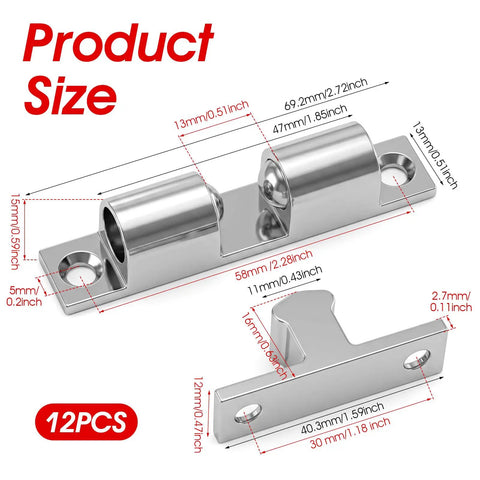 Heavy Duty 12 Pcs Closet Ball Tension Latch Set With Screws Adjustable Double Roller Catch For Cabinet Cupboard Wardrobe Door Hardware Zinc Alloy Silver, detailed size illustration.